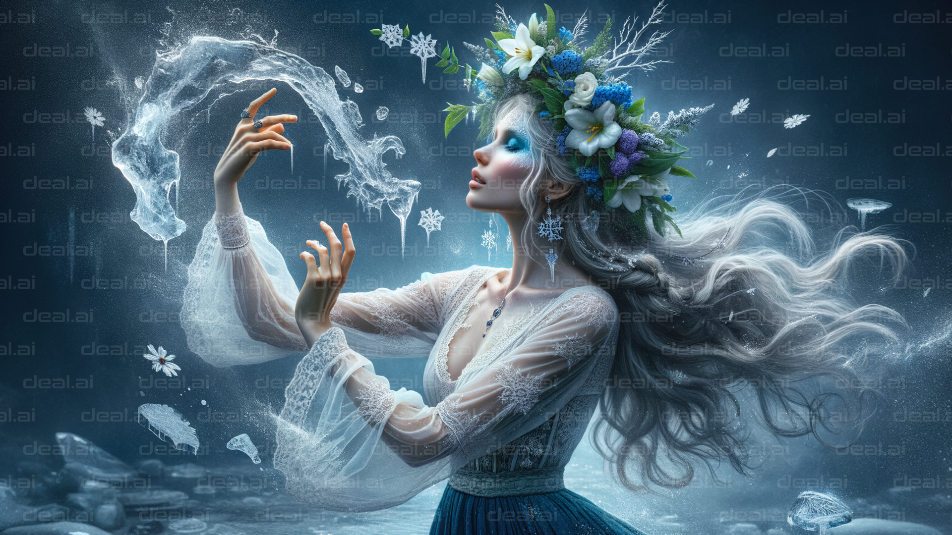 "Enchanting Winter Goddess in Ice Wonderland"