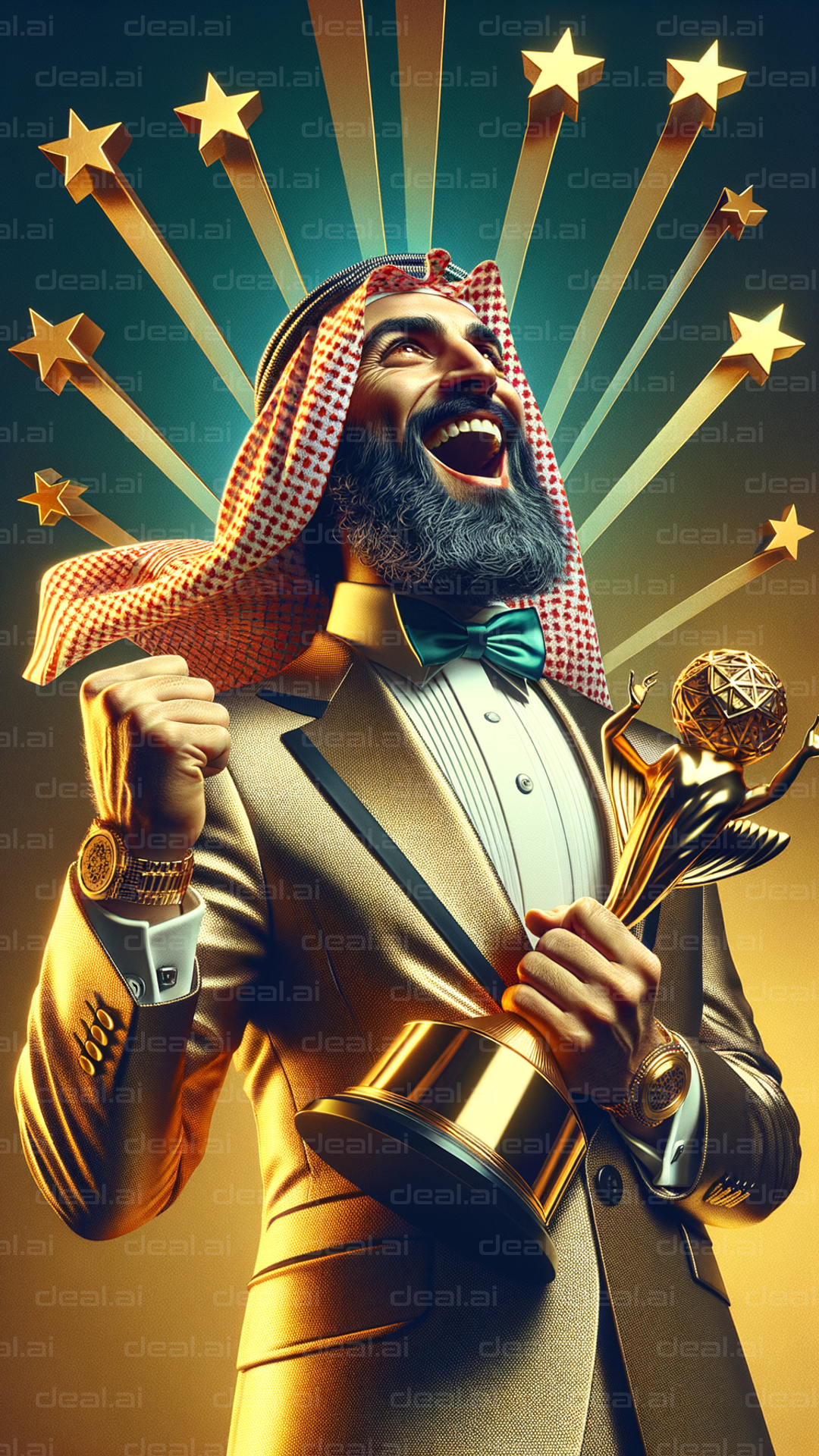 "Triumphant Man Celebrates with Award"