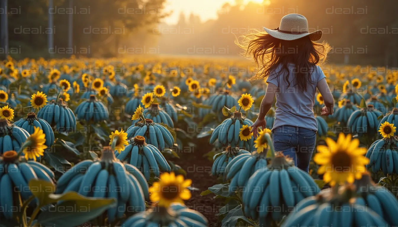 "Sunlit Field of Blue Pumpkins and Sunflowers"