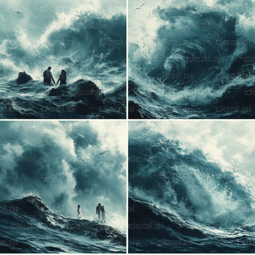 "Couple Facing Rogue Waves at Sea"