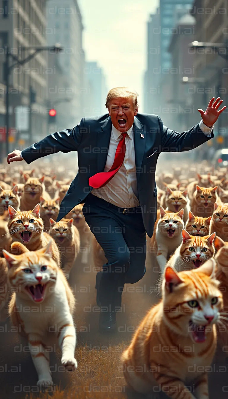 "Man Runs From Cats in Urban Chaos"