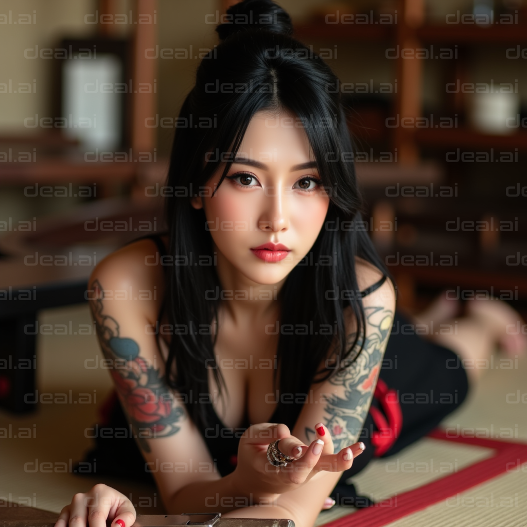 Tattooed Elegance in Black Dress