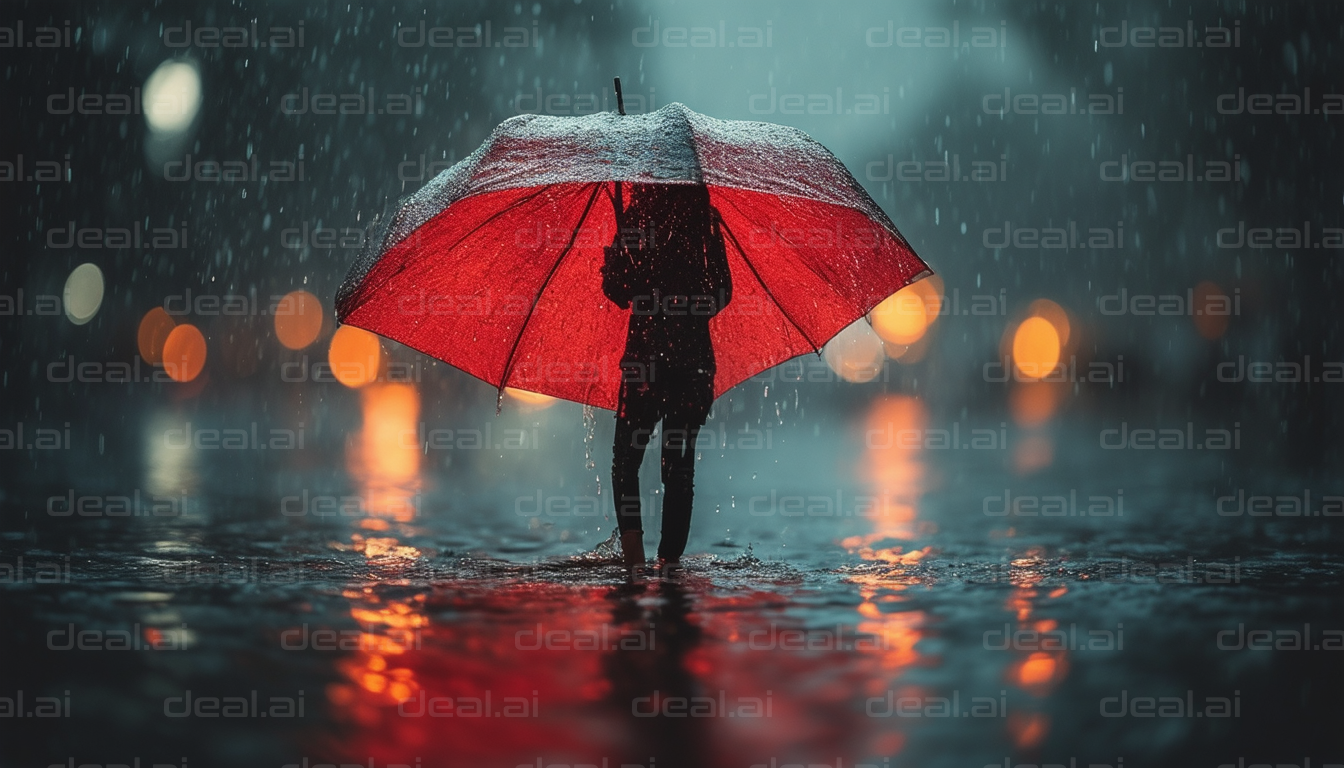 Silhouette with Red Umbrella in the Rain