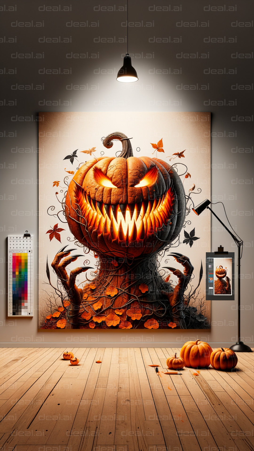 "Spooky Pumpkin Painting Under Spotlight"