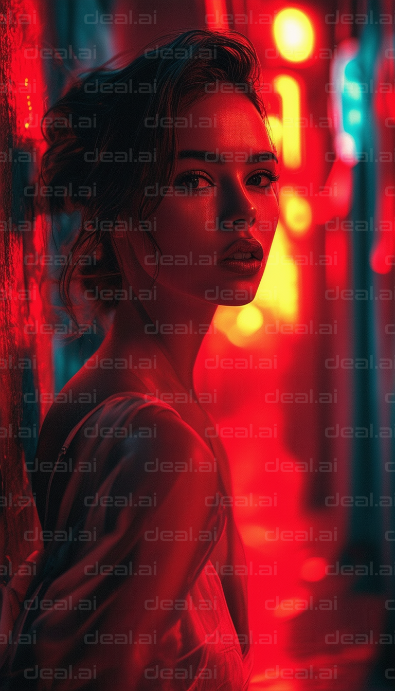 "Moody Portrait in Neon Red Glow"