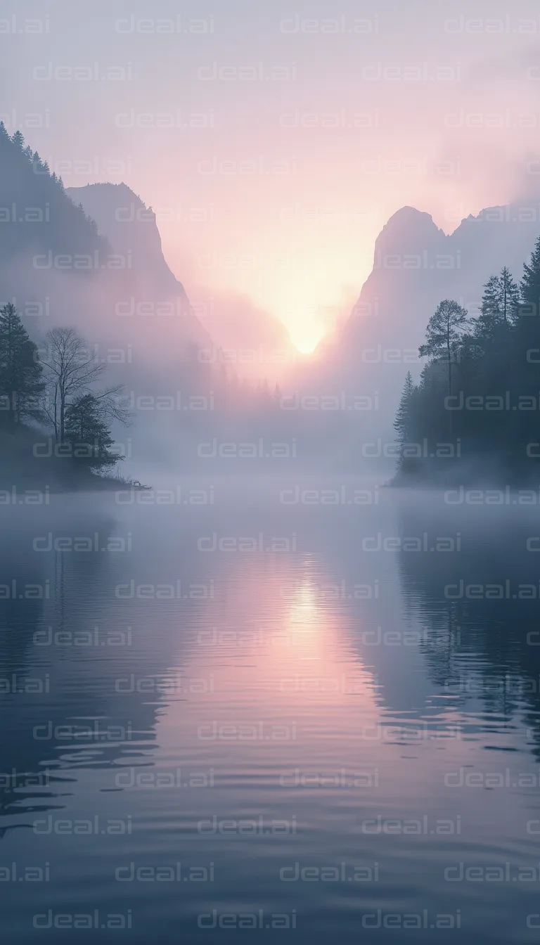 "Misty Mountain Sunrise Over Calm Lake"