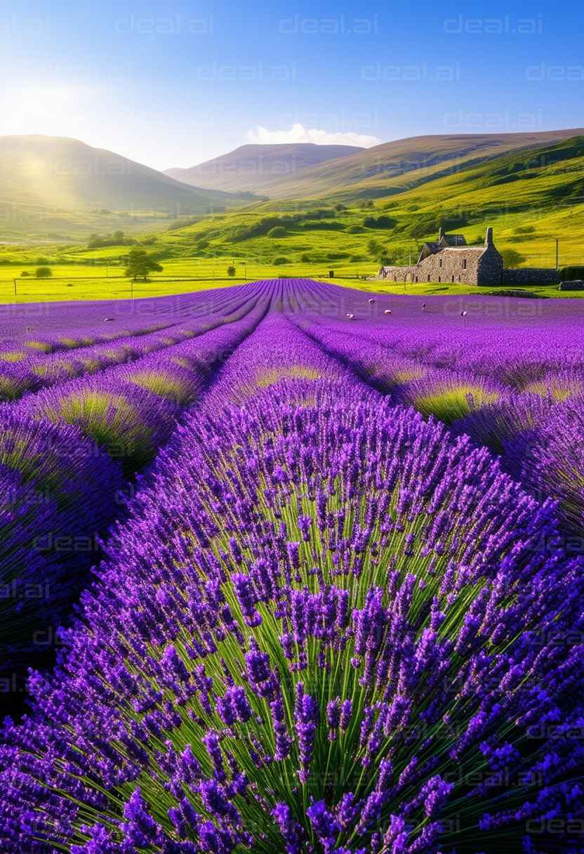 "Sunlit Lavender Field in Countryside Bliss"