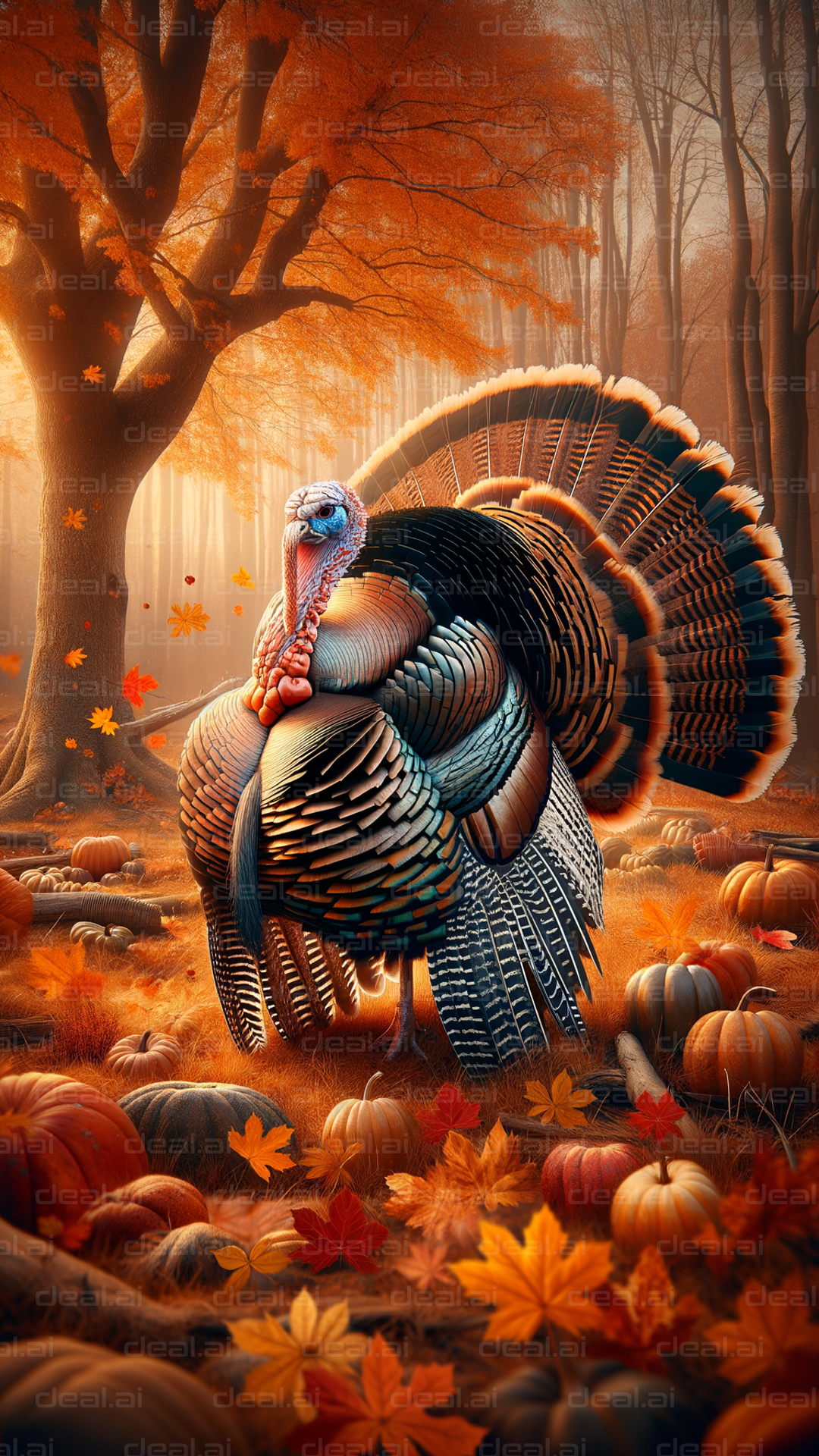 "Autumn Turkey Amid Pumpkins and Leaves"