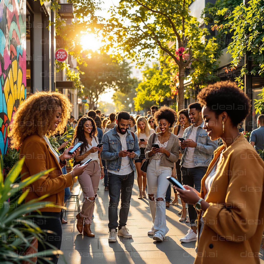 "Sunlit Stroll with Smartphones"