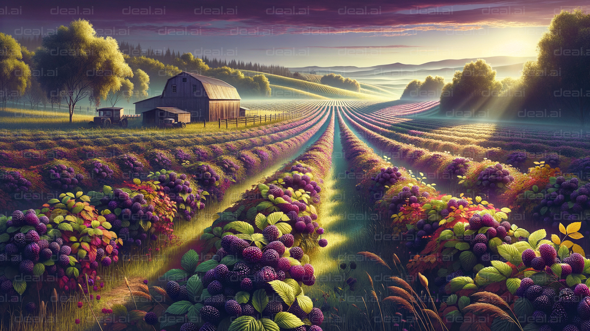 "Sunlit Berry Farm at Dawn"