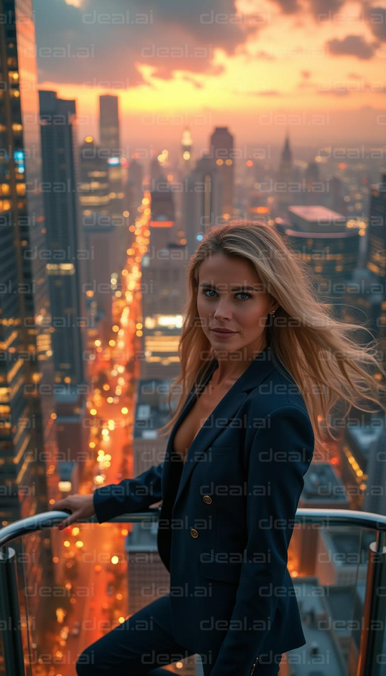 "City Lights and Sunset on Rooftop"