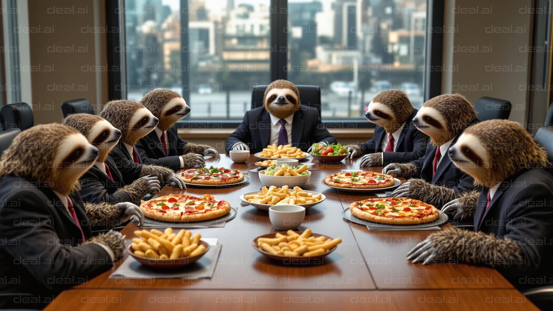 Sloth Boardroom Pizza Meeting