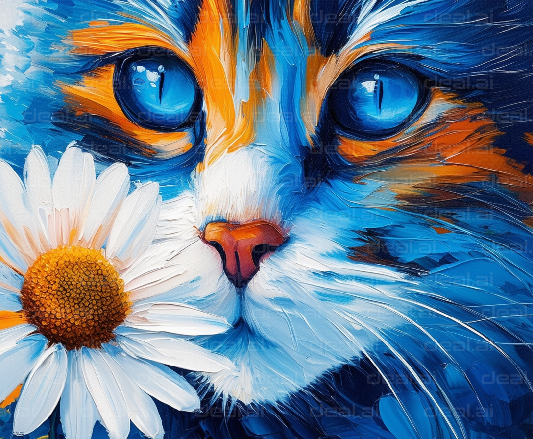 "Blue Cat with Daisy in Bold Strokes"