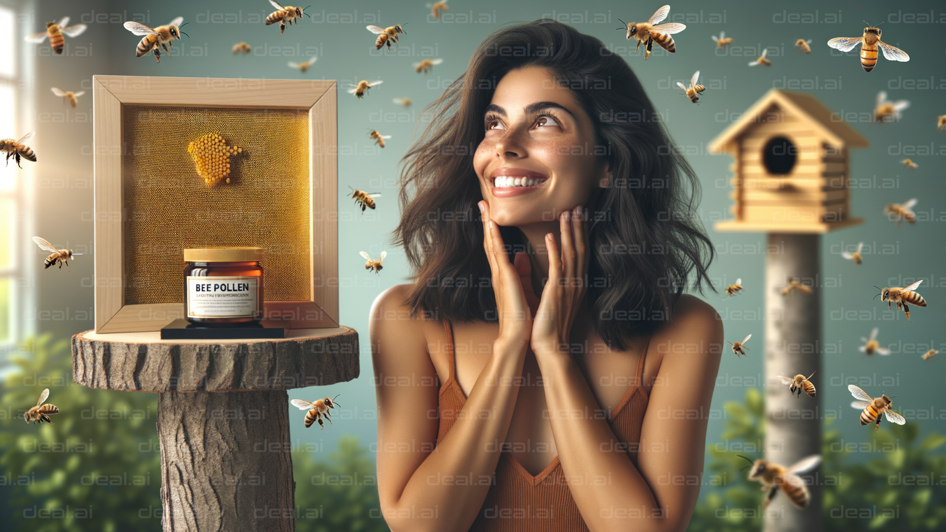 "Joyful Woman Surrounded by Honeybees"