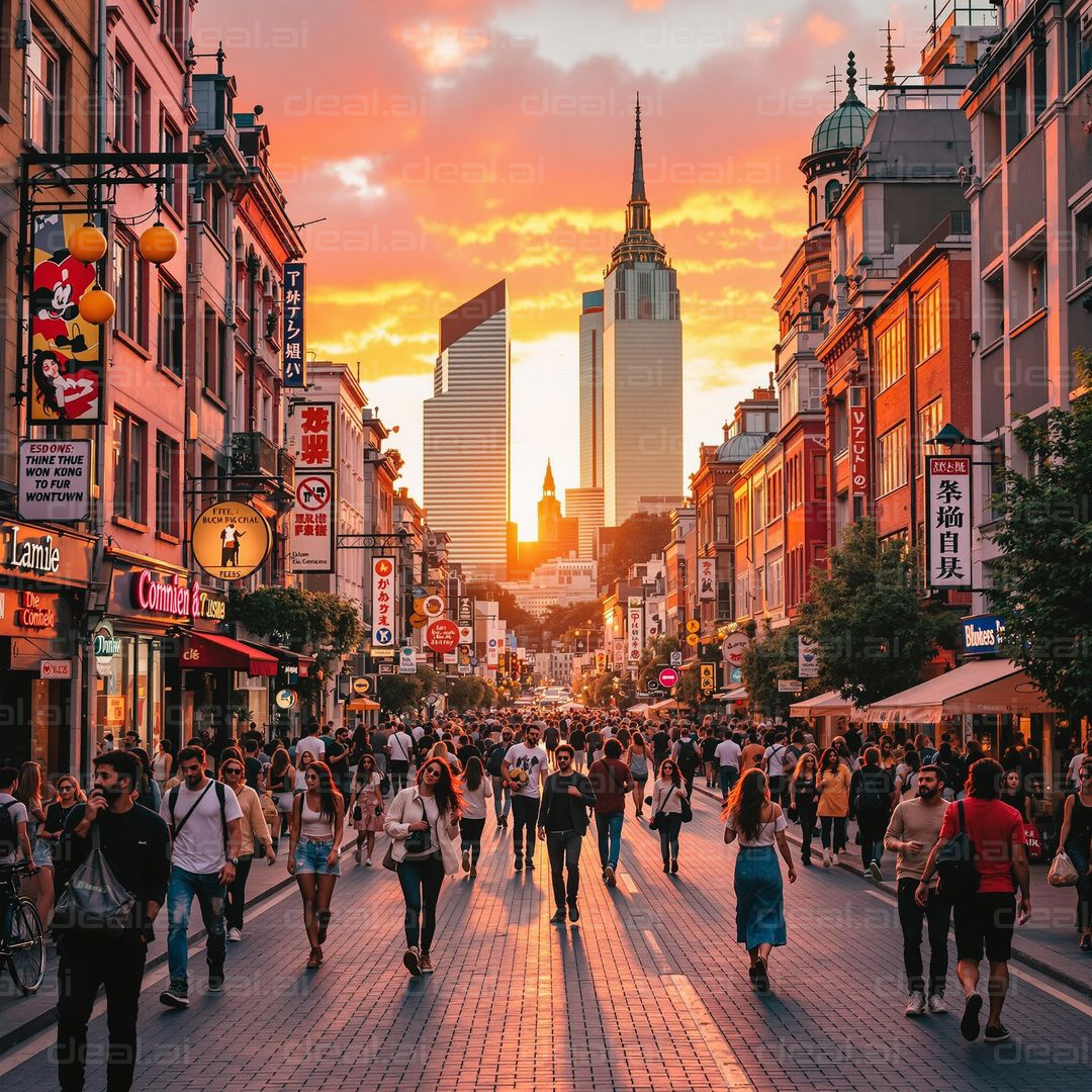 Bustling City Street at Sunset
