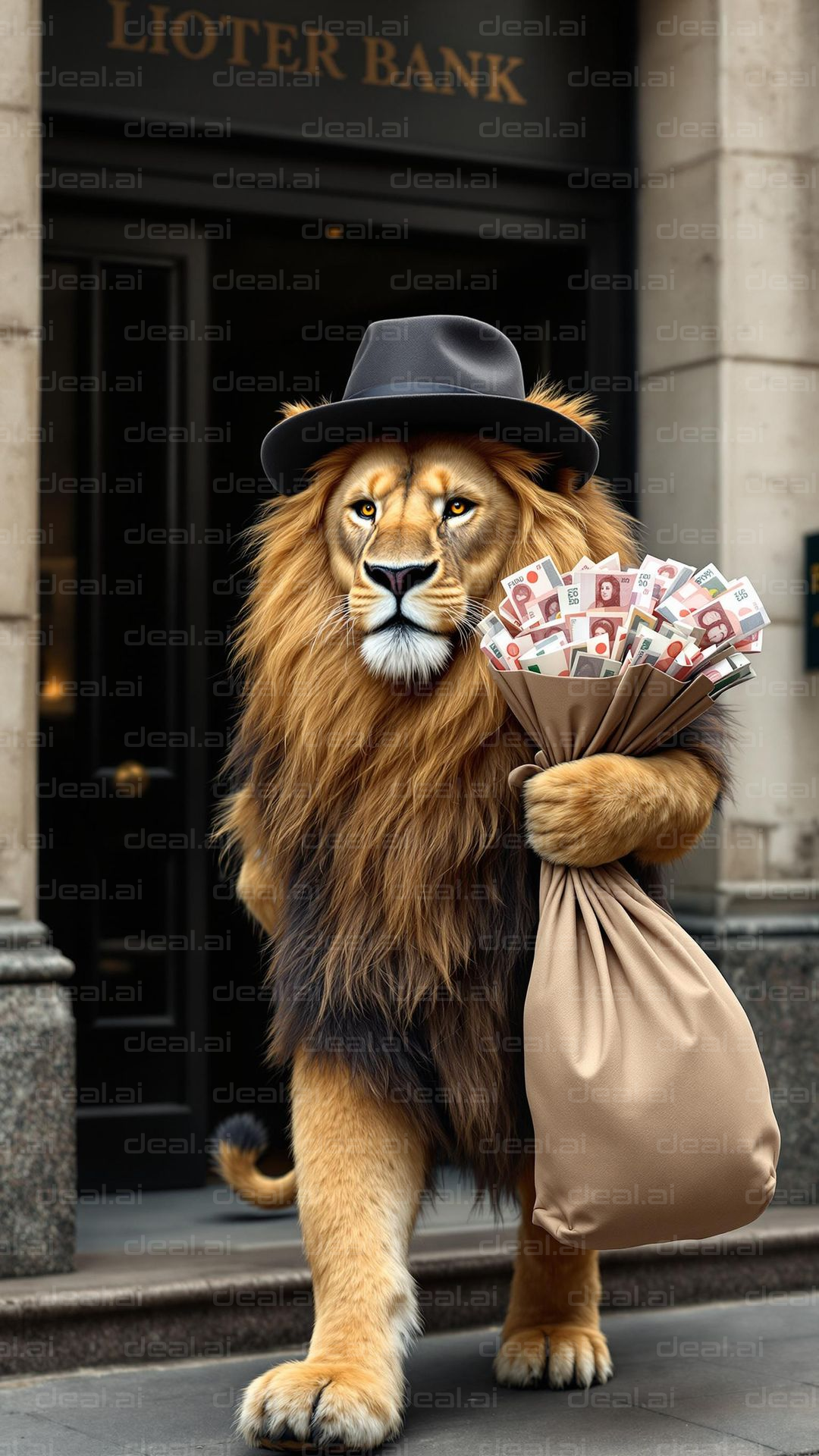 Lion Leaves Bank with Cash Bag