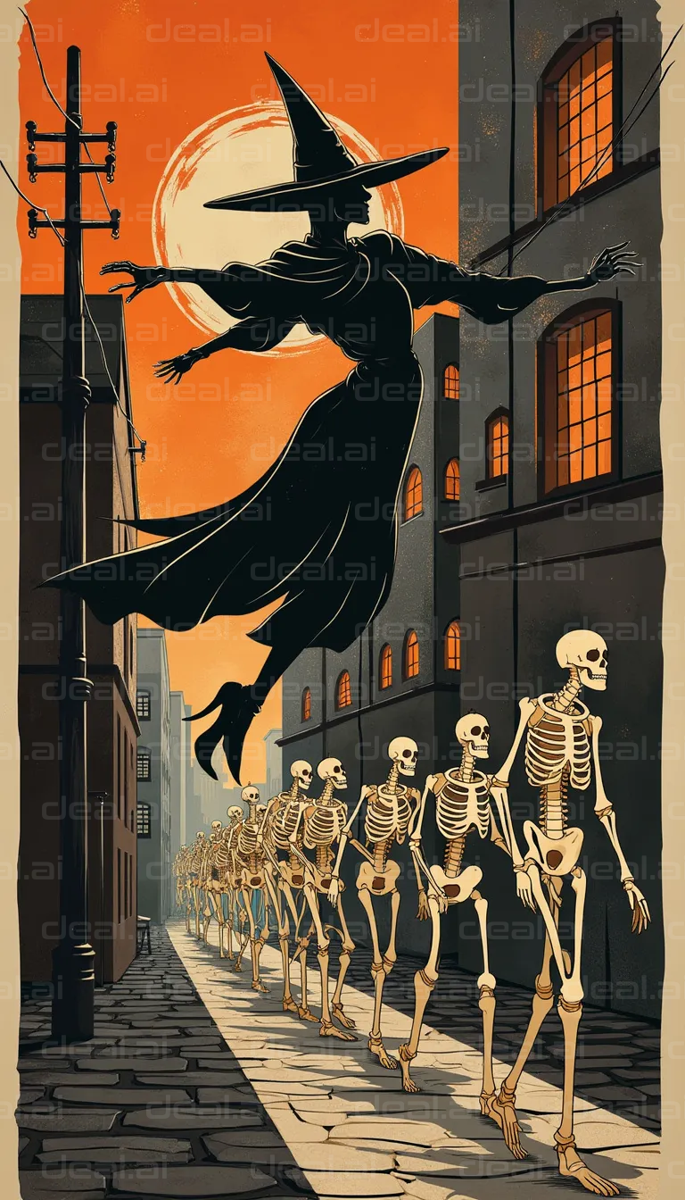 "Witch Leading Skeleton Parade at Dusk"