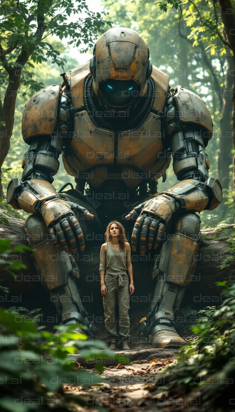 Giant Robot and Girl in Forest