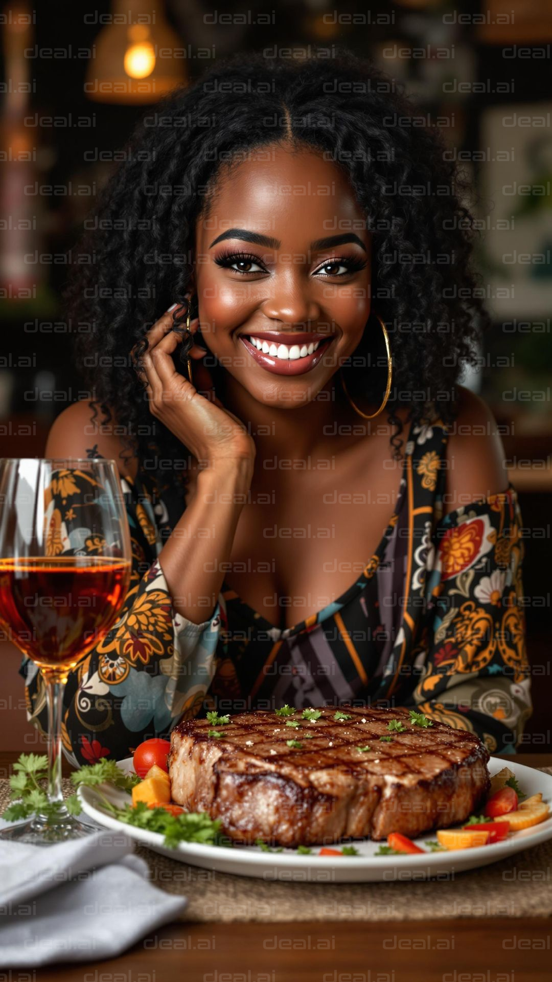 "Joyful Dinner with Steak and Wine"