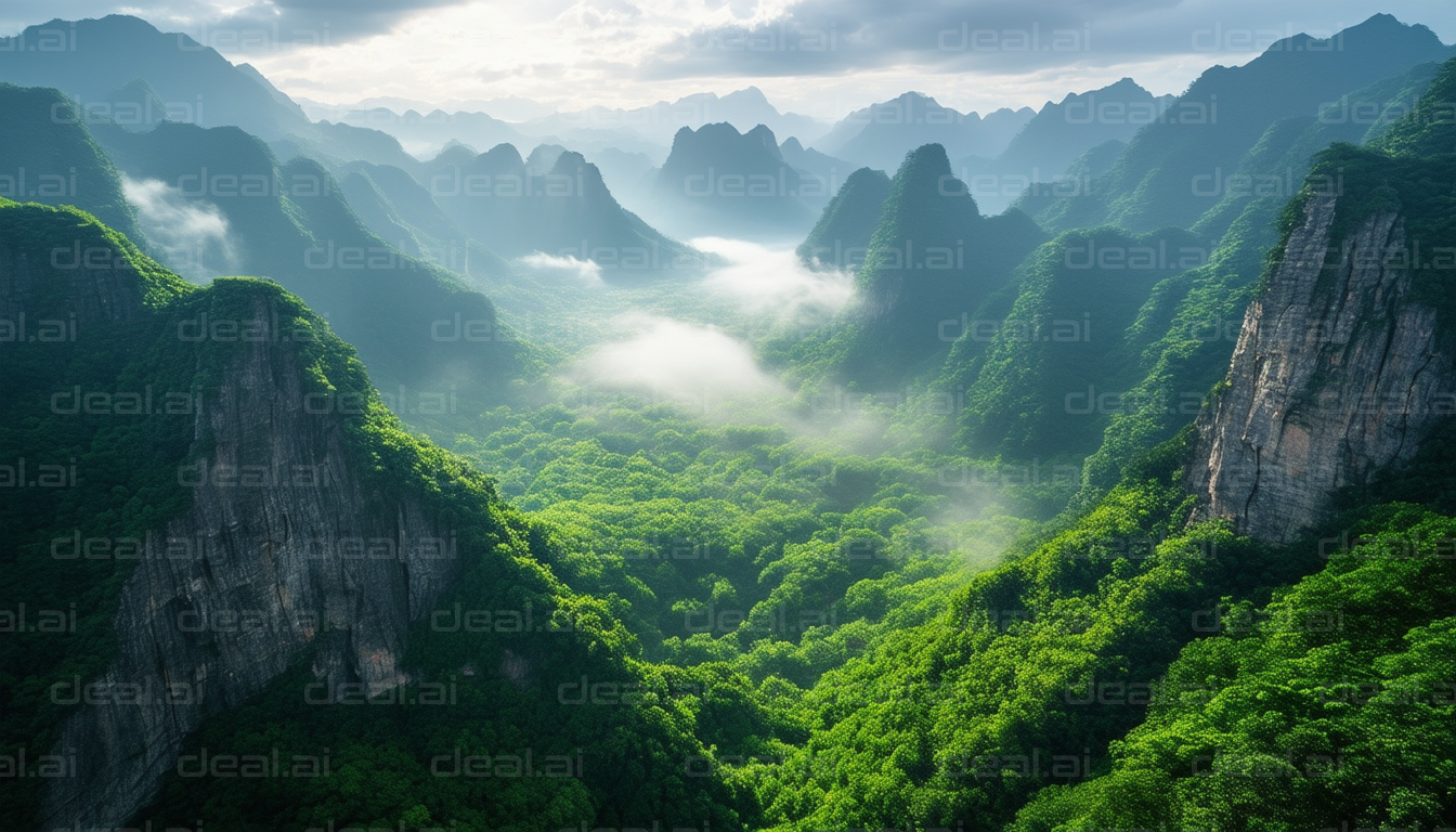 Misty Mountain Peaks in Lush Valley