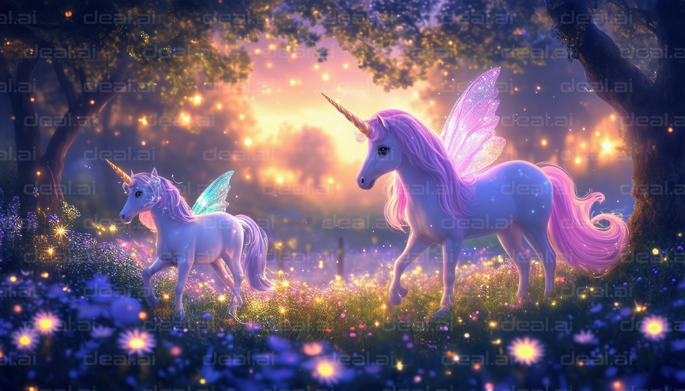 "Enchanted Unicorns in a Fairyland Forest"