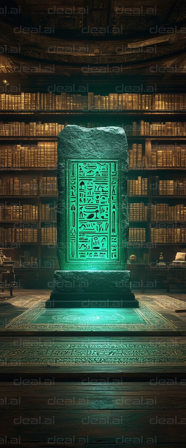 "Ancient Tablet in Mystical Library"