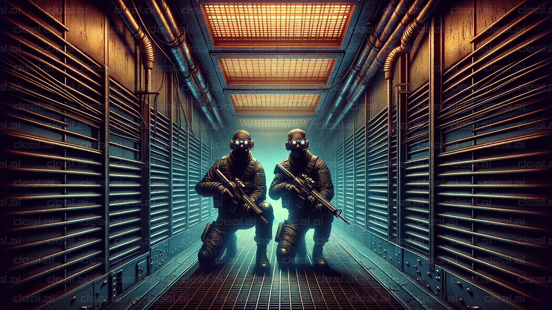 "Stealth Operatives in Futuristic Corridor"