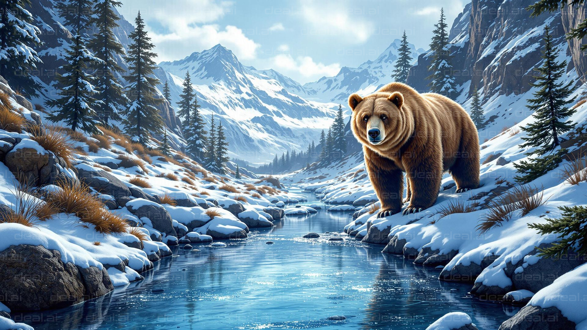 Bear by the Winter Stream