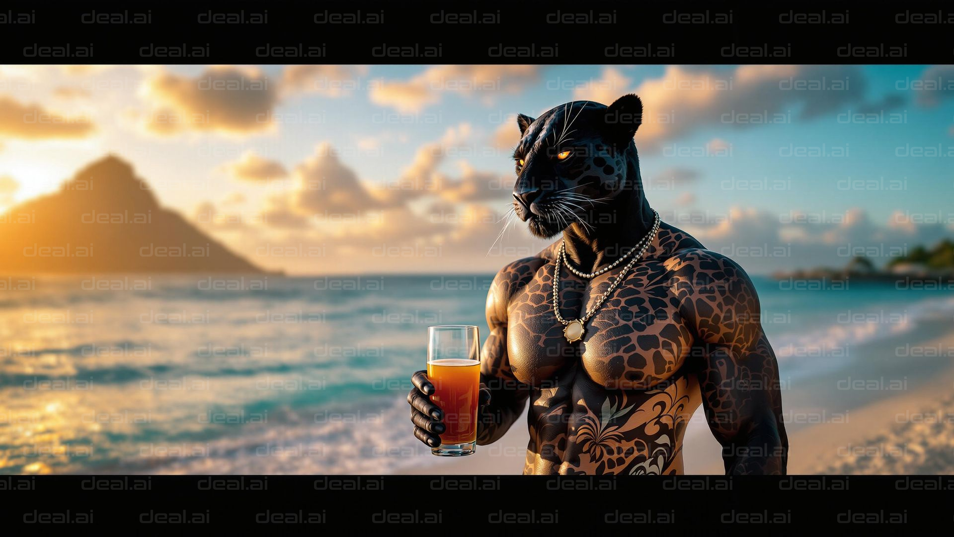 "Panther Enjoys Sunset by the Sea"