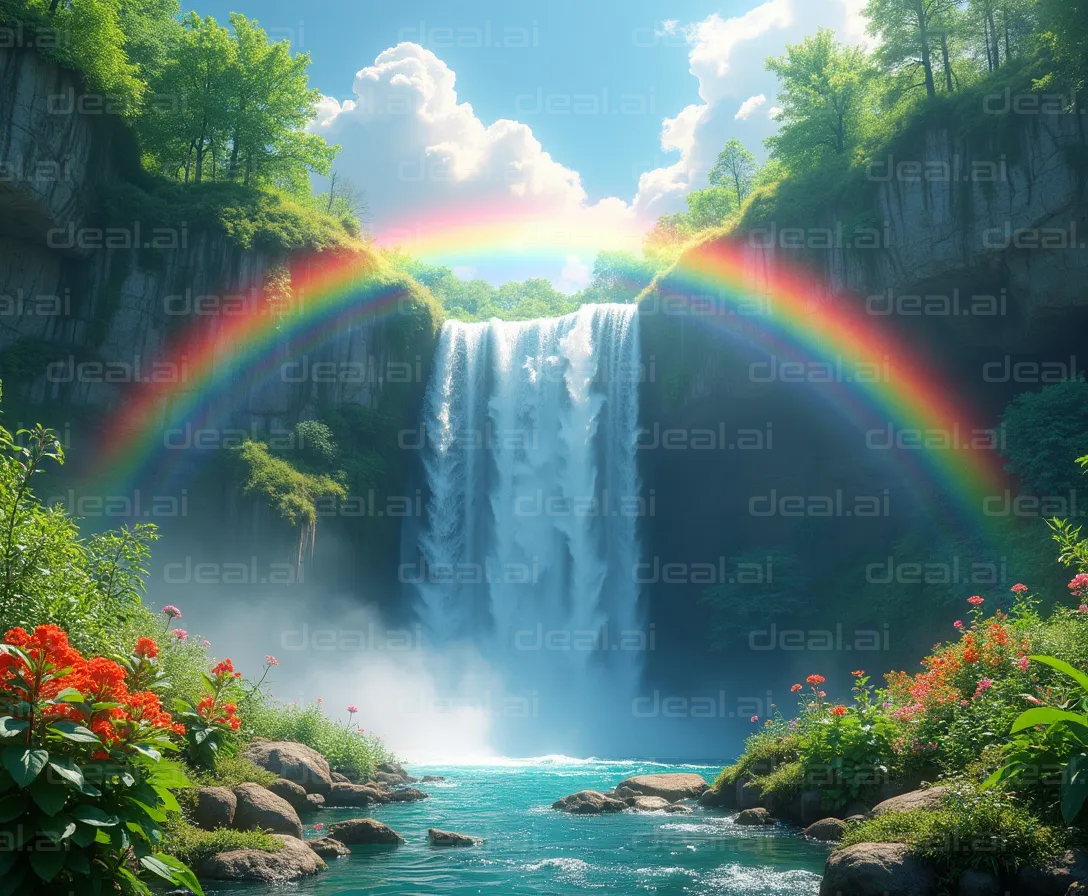 "Spectacular Waterfall with Rainbow"