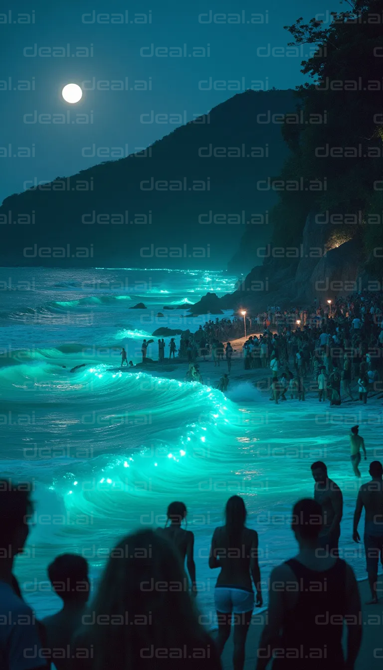 Moonlit Beach with Glowing Waves