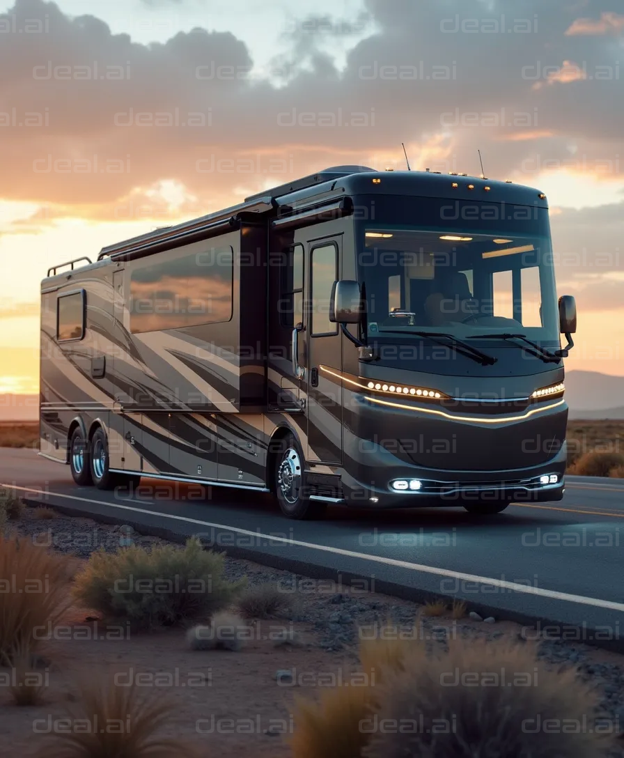 Luxury RV at Sunset on Desert Highway