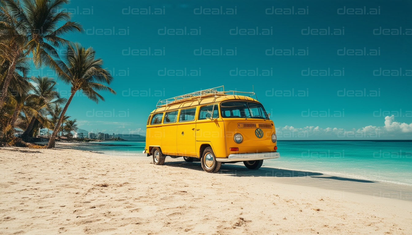 Yellow Van on Tropical Beach Adventure