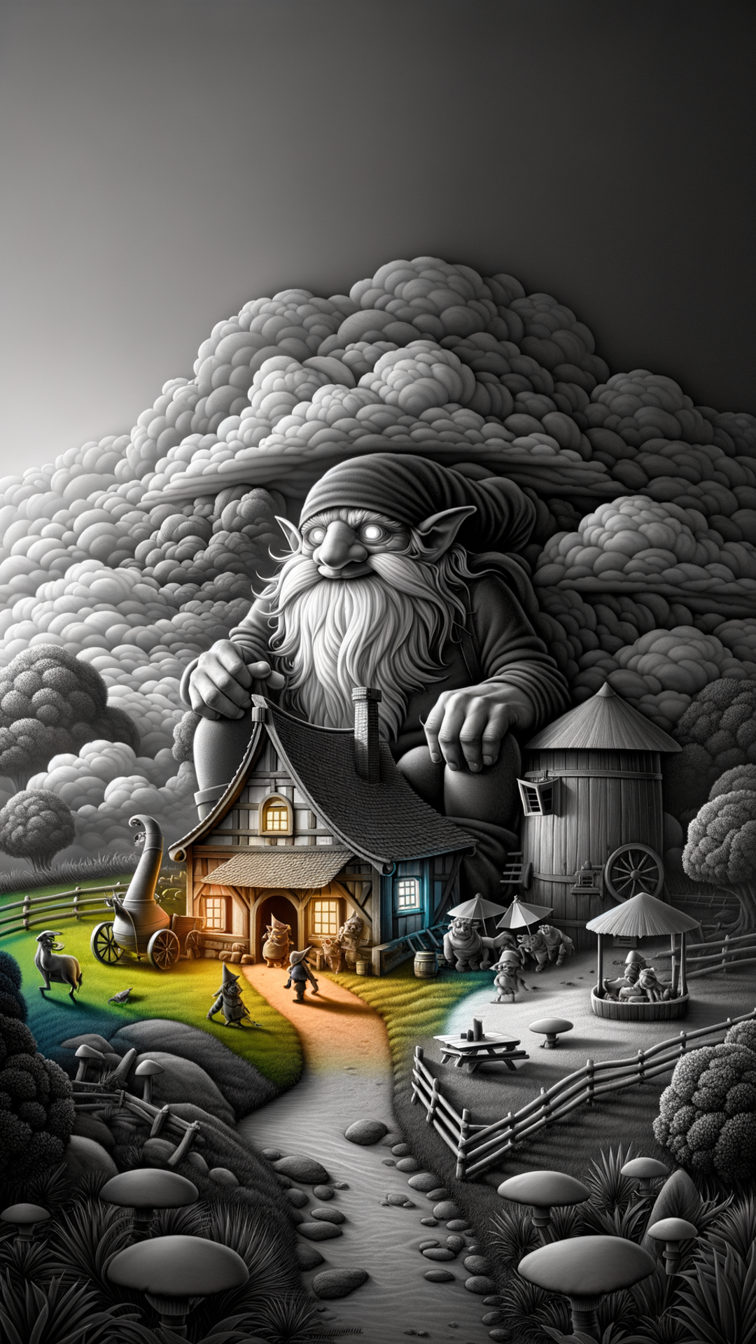 "Whimsical Giant Overlooking Cottage Scene"