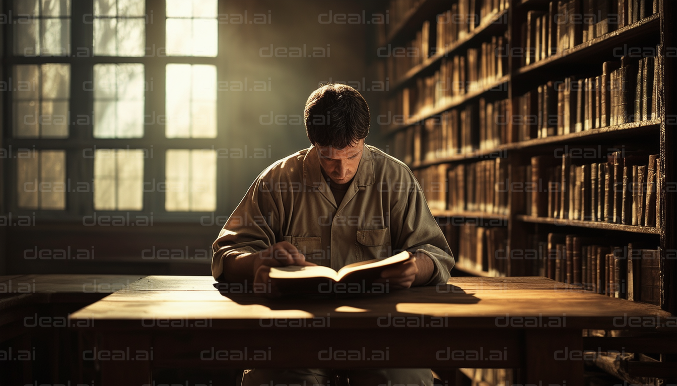 Man Reading in a Sunlit Library