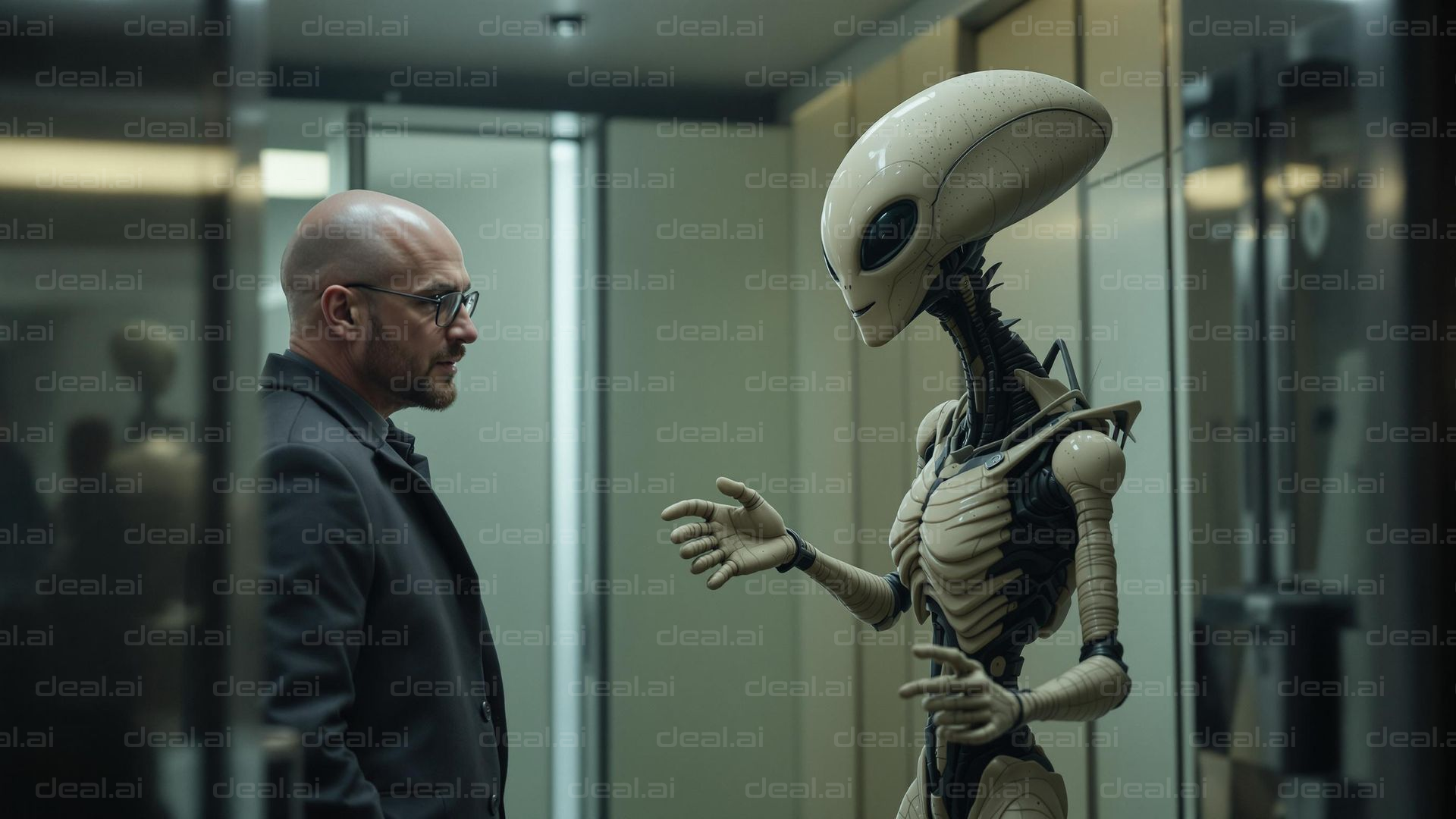 Human Meets Alien in Office Hallway
