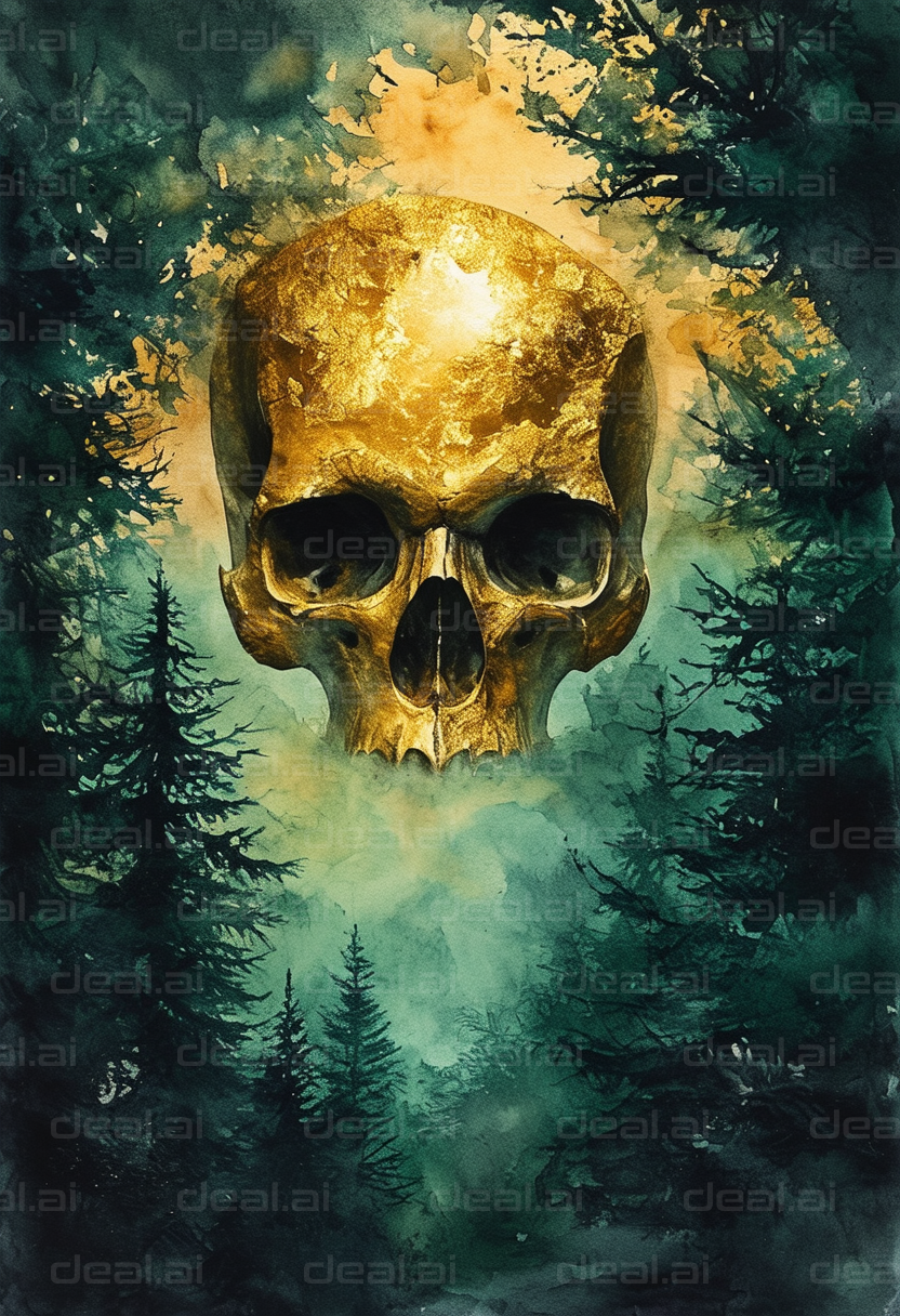 Golden Skull in Haunted Forest Mist