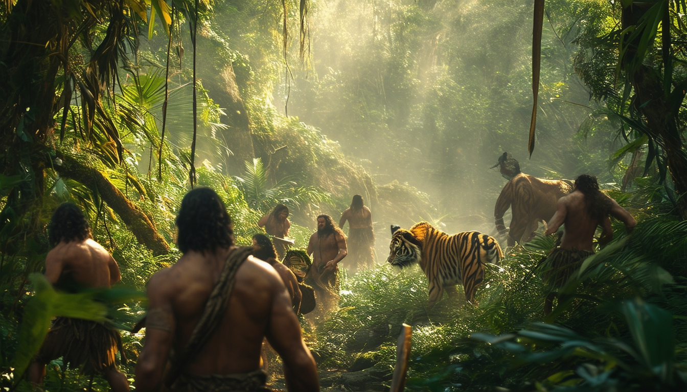 Explorers in Lush Jungle with Tigers