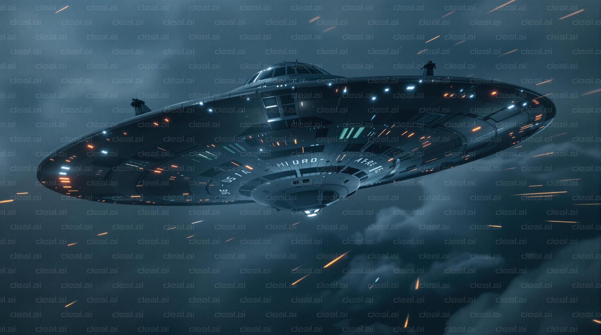 "Futuristic Spaceship in Stormy Sky"