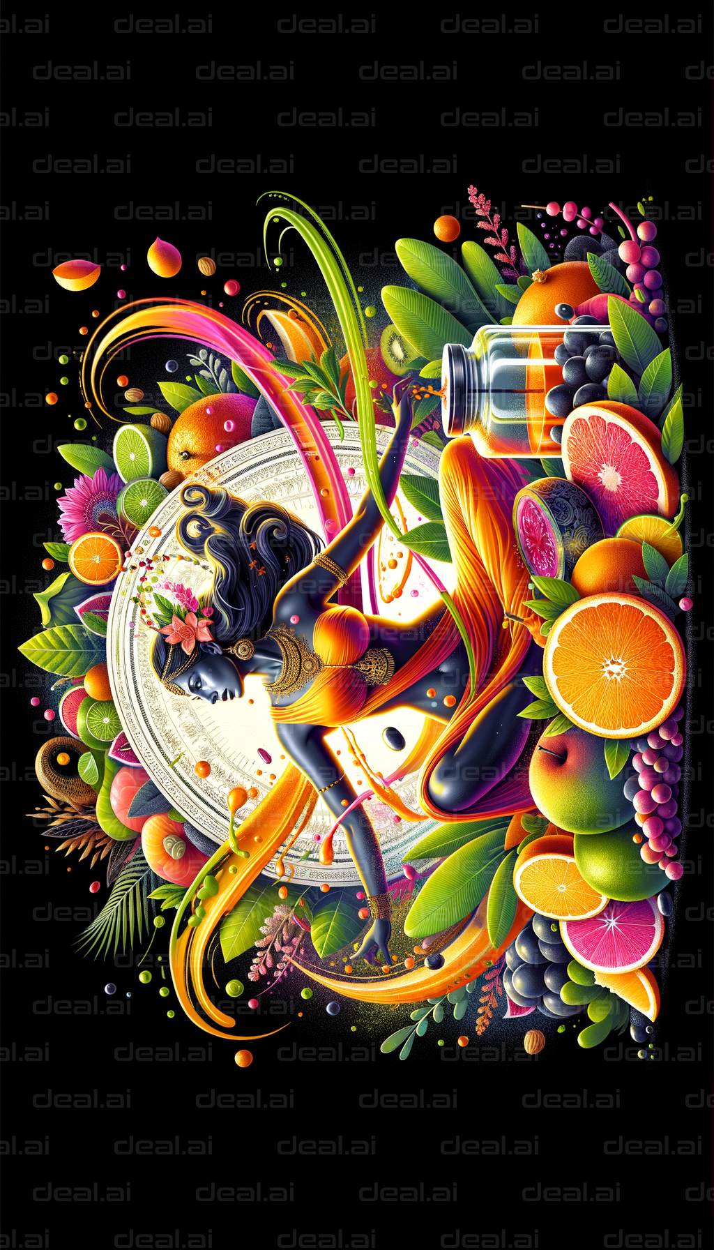 "Vibrant Goddess Amid Fruits and Colors"