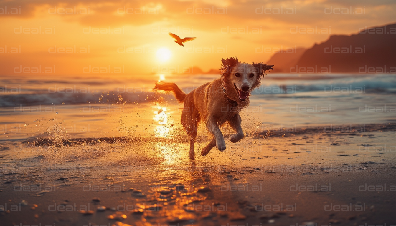 Dog's Joyful Run on the Beach at Sunset