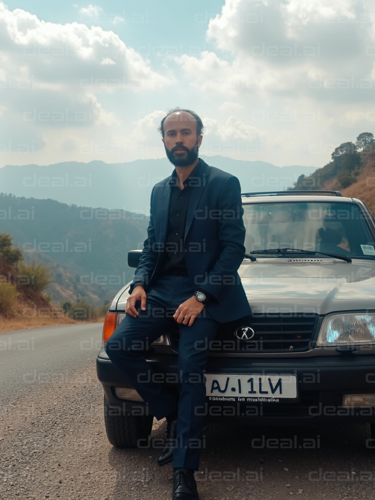 Man in Suit by Mountain Roadside