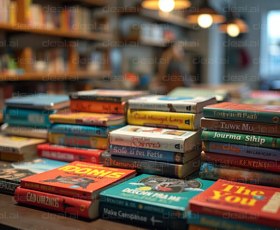 Colorful Bookshop with Stacked Books