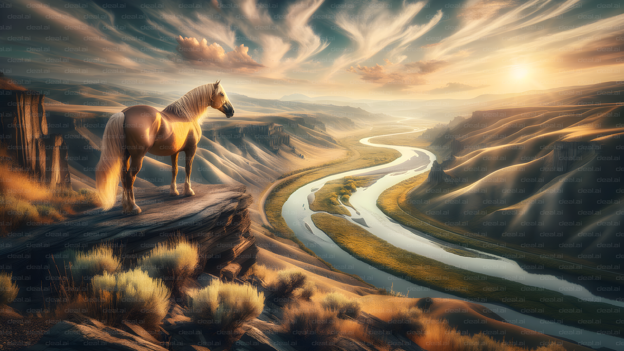 Majestic Horse Overlooking River Valley