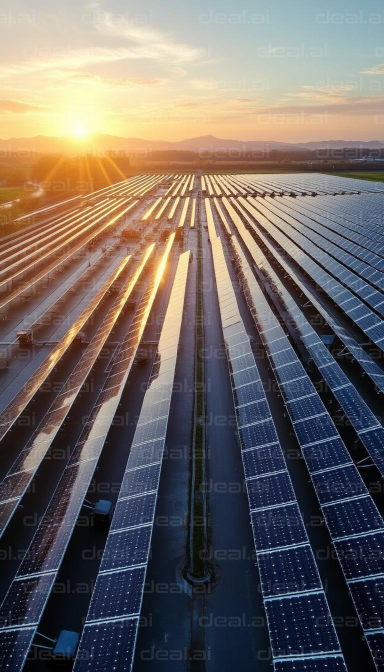 Sunrise Over Expansive Solar Panel Farm