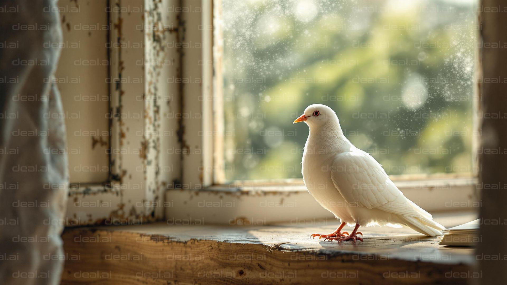 Dove on Sunlit Windowsill