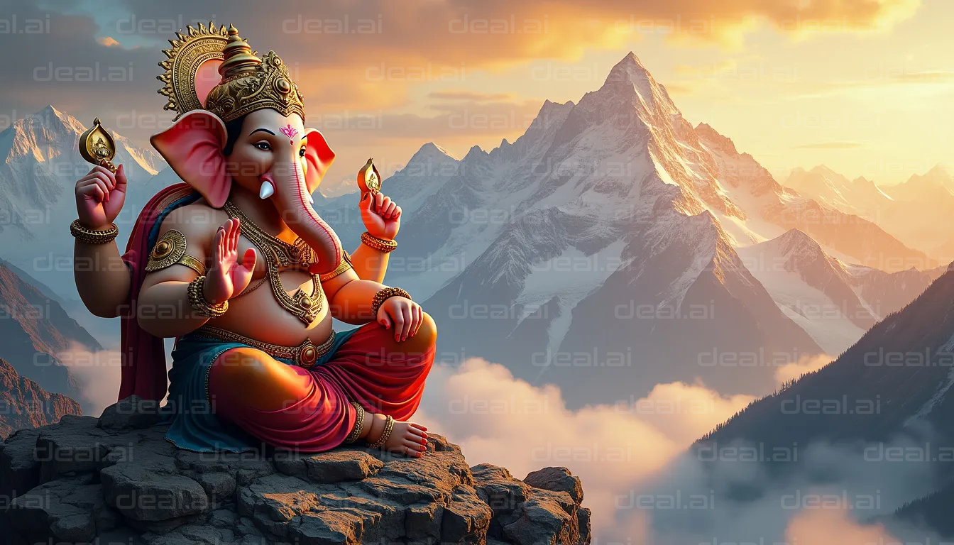 "Ganesh Overlooking Mountains at Sunset"