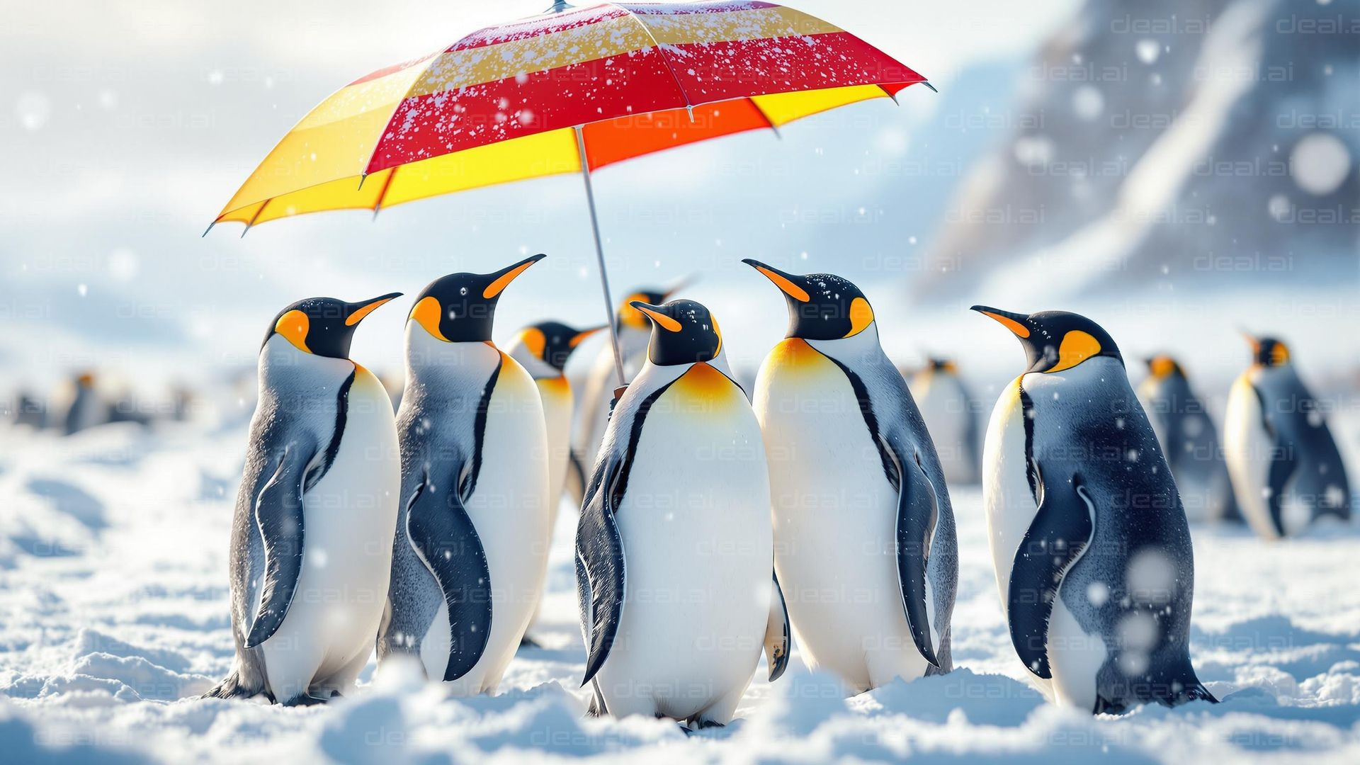 Penguins Gather Under Umbrella