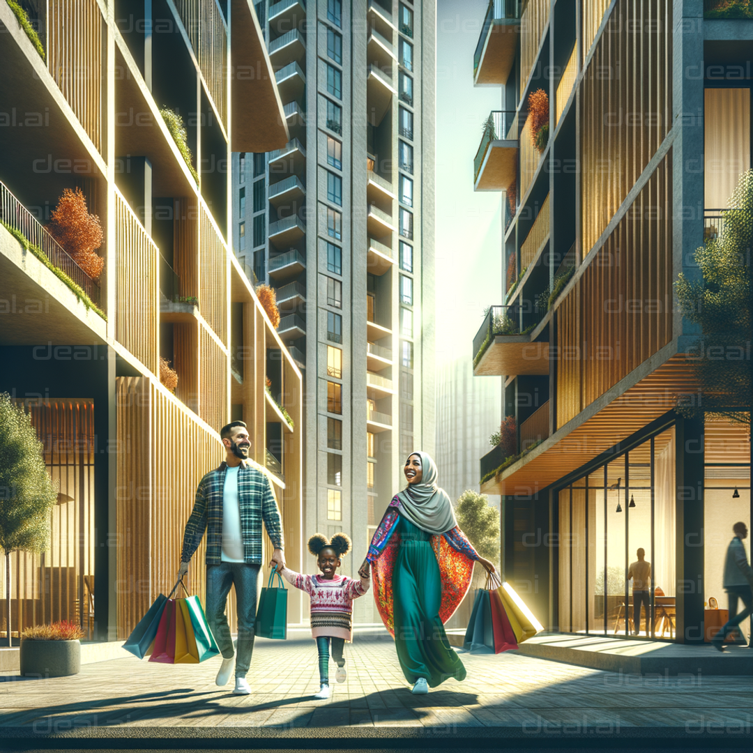 "Family Shopping Day in Modern Cityscape"