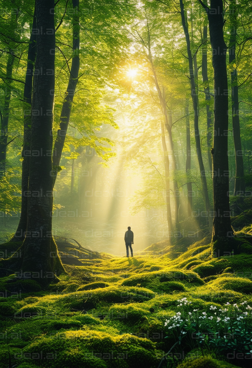 "Man Stands in Enchanted Forest Glade"